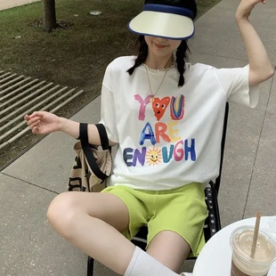 韩版纯棉印花半袖设计宽松T恤涂鸦英文潮女短袖小众百搭220G白色
