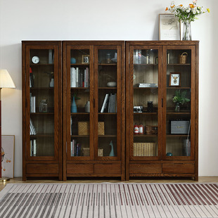 橡木全实木书柜玻璃书架纯北欧红橡木书橱收纳柜双门原木书房客厅