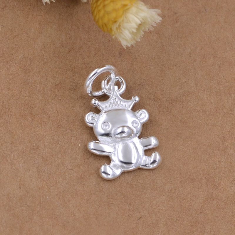 S925纯银韩版可爱皇冠小熊吊坠 男女diy红绳手链项链水晶饰品配件