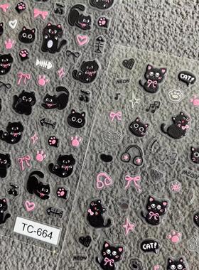 可爱小黑猫浮雕美甲贴纸音乐月亮小猫咪手账diy手机壳ccd装饰贴