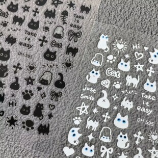 可爱烫金烫银小黑猫美甲贴纸卡通黑白小猫咪防水背胶指甲装饰贴