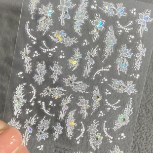 冰透晶钻贝壳光花枝长蝴蝶花卉浮雕美甲贴纸防水背胶指甲装饰贴