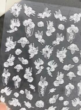 纯欲白色链条花卉浮雕美甲贴纸