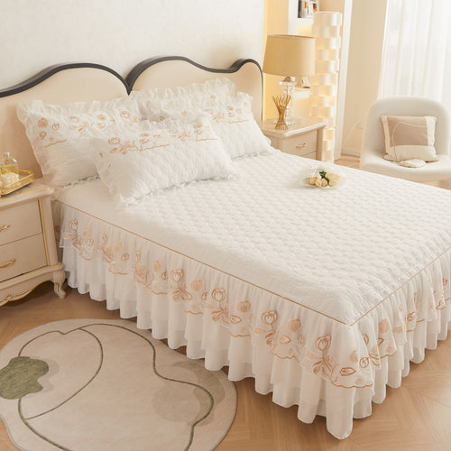 轻奢高端加厚床单床裙床罩单件白色蕾丝花边夹棉四季通用床盖套件