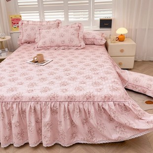 新款 单件纯棉夹棉床围裙罩公主风花边三件套春 全棉加厚床罩床裙式