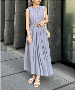 初原家女士夏天连衣裙女款收腰长款气质长裙日系显瘦凉爽无袖