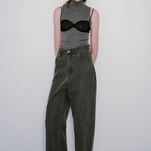 日系女款牛仔高腰直通长裤