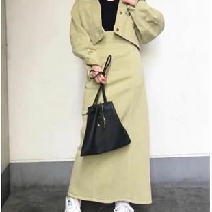 初原家女士高弹松紧腰后开叉半身裙牛仔直筒裙女款中长裙春秋款