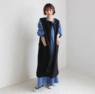 初原家女士羊羔毛背心裙长款马甲秋冬款日系宽松版连衣裙中长款