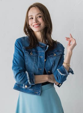 日系女款毛边牛仔高弹小众外套