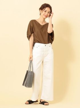 初原女装白色女士牛仔裤高腰水洗微喇长裤宽松全棉阔腿裤any FAM