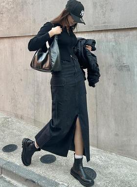 初原家女士工装黑色半身裙日系口袋前开叉直筒牛仔裙女款春秋裙