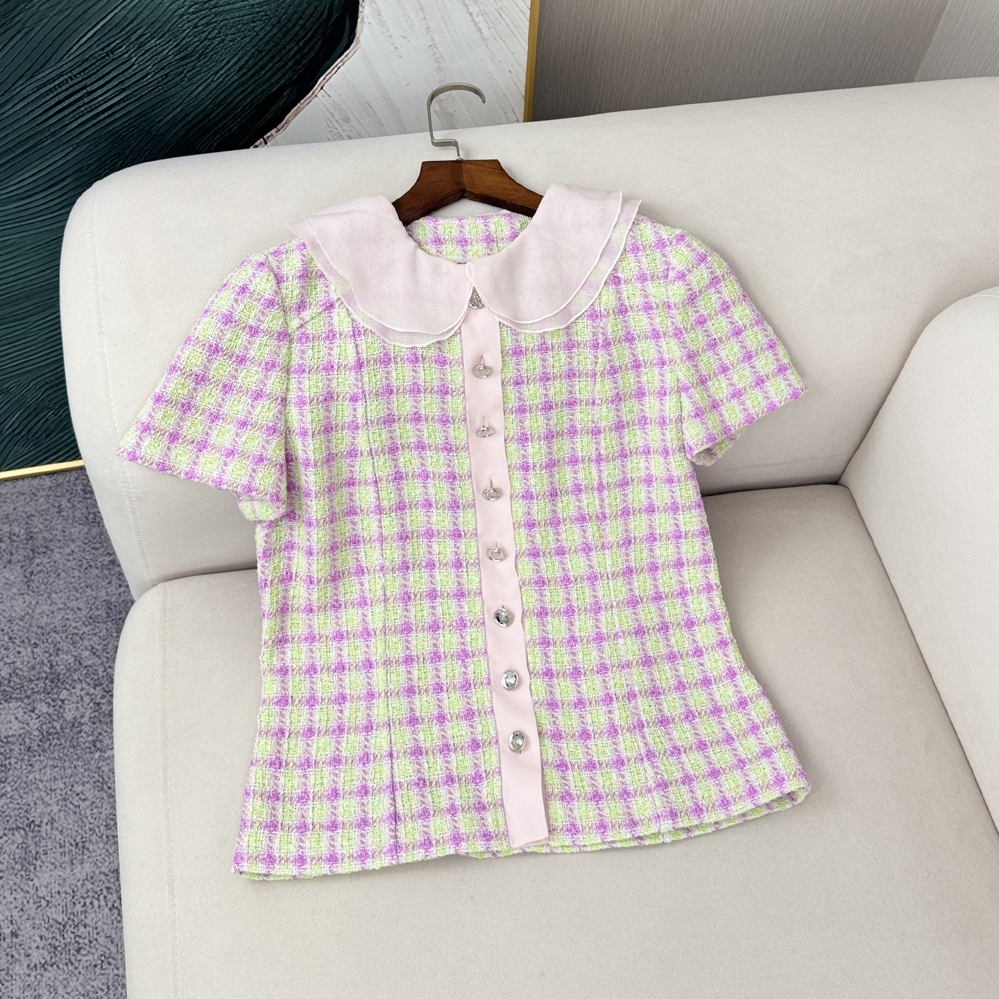 南油小香风真丝格纹娃娃领衬衫