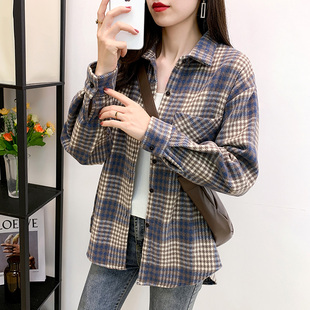 毛呢格子衬衫女2021秋冬新款大码外套韩版宽松加厚复古港味上衣潮
