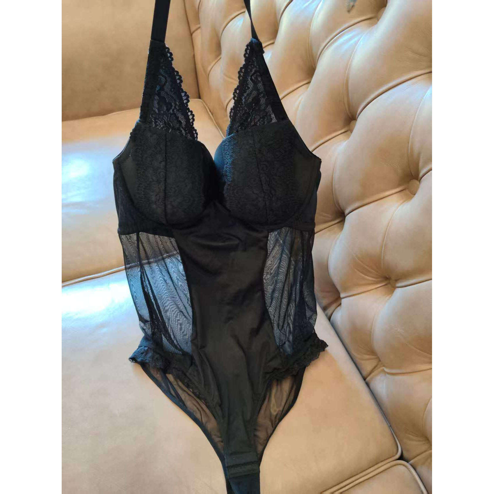 艾塔丽丝欧美女士内衣网纱蕾丝挂脖性感连体衣裆部可打开适合85EF