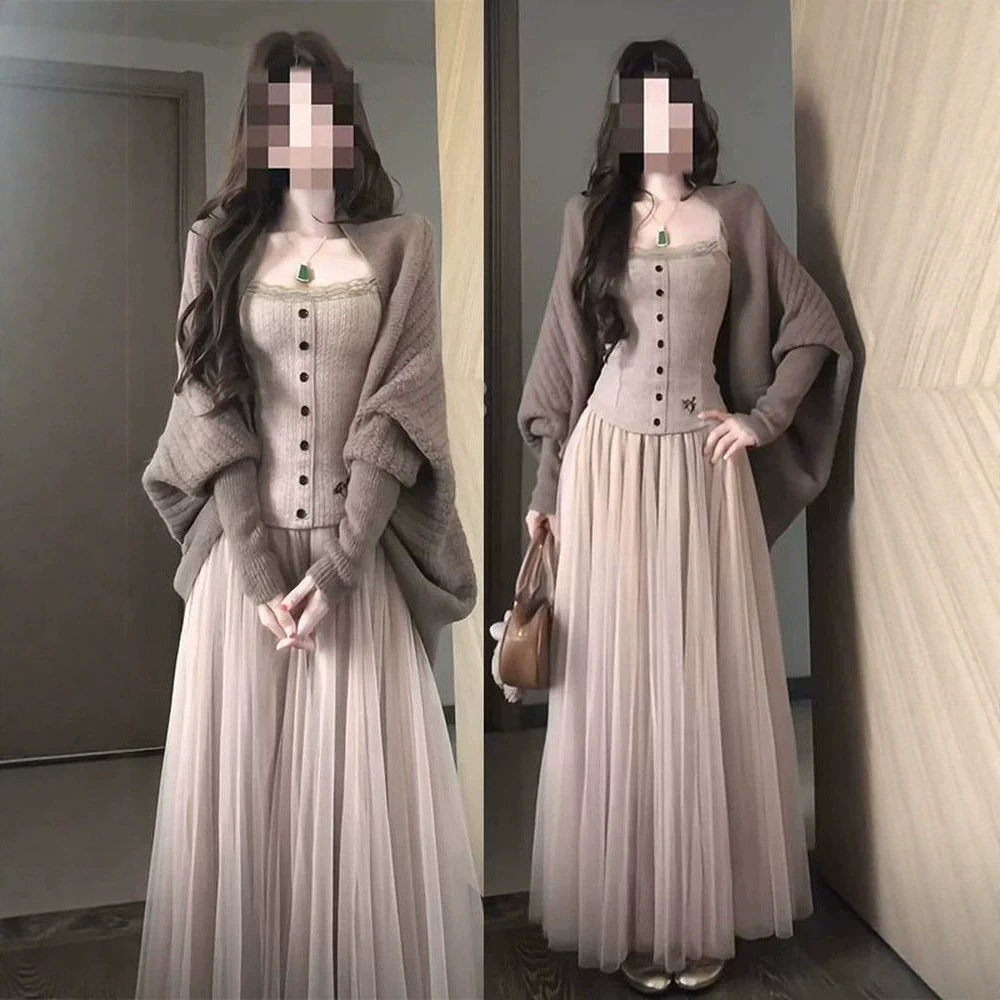 韩系通勤三件套温柔蝙蝠袖针织开衫女蕾丝吊带网纱半身裙显瘦套装
