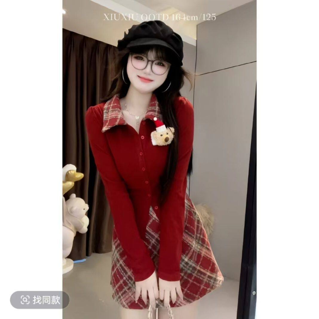 大码胖mm学院风辣妹套装女秋冬立体小熊针织衫+格纹短裙圣诞套装