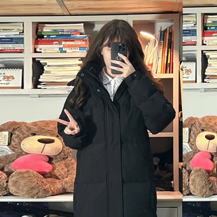 学院风黑色长款羽绒服女冬季2025新款小个子韩版学生加厚外套女款