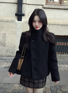 黑色高级感呢子大衣女2026秋冬新款毛呢外套小个子赫本风气质短款