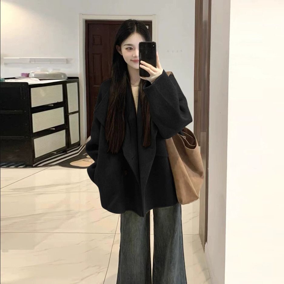 咖杏色单面薄款毛呢子大衣外套女2026春季新款小个子赫本风高级感
