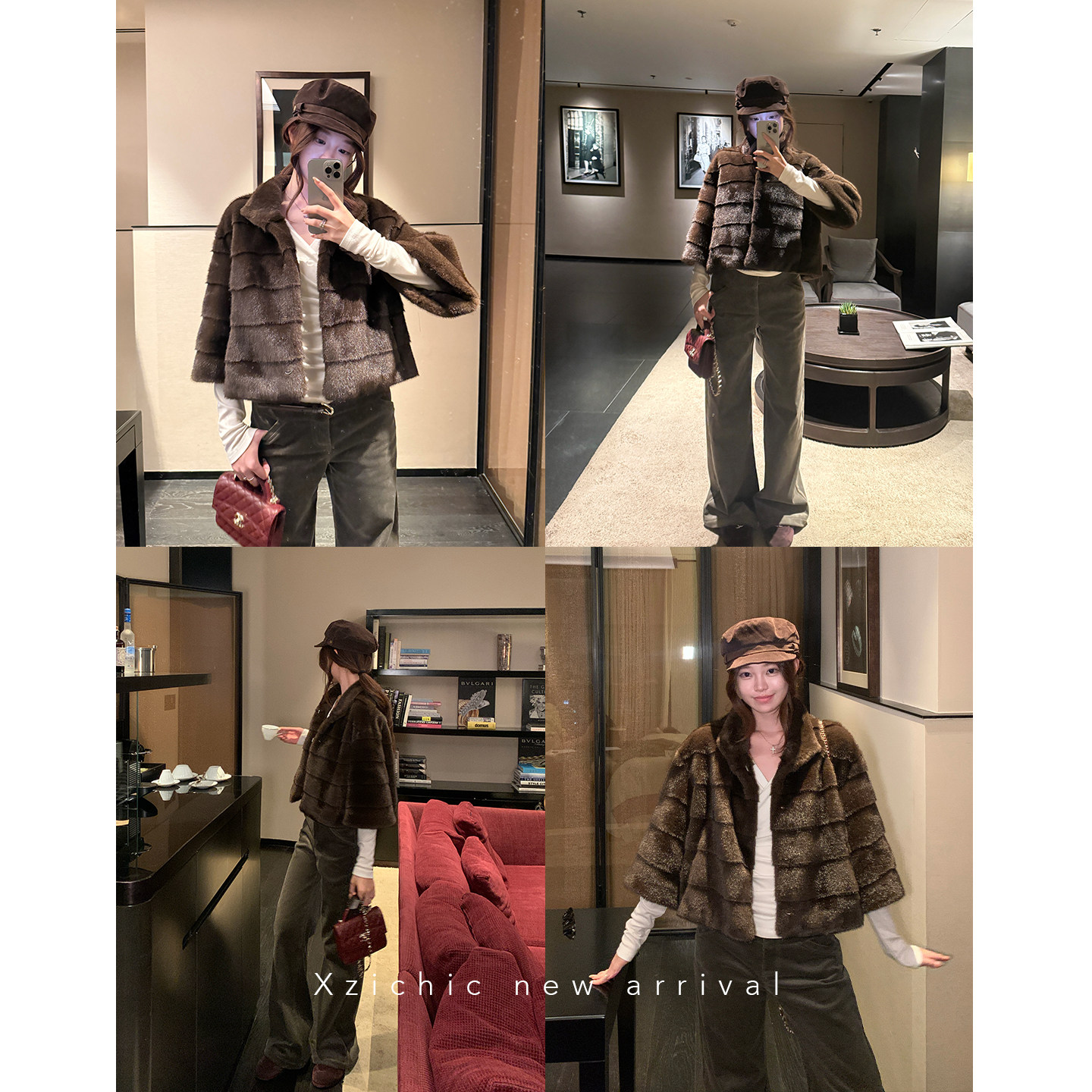 八分袖仿水貂绒立领短款皮草女秋冬环保毛毛外套