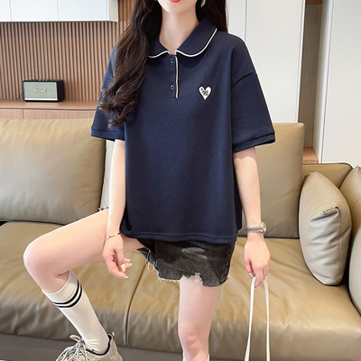 华夫格短袖T恤少女夏装2024新款初中高中学生学院风POLO领上衣服