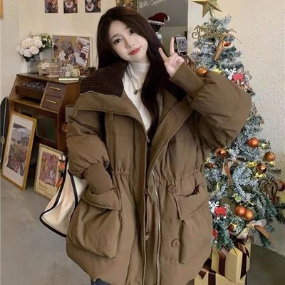 中长款白色羽绒棉服女冬季收腰显瘦大翻领保暖防寒棉袄外套面包服