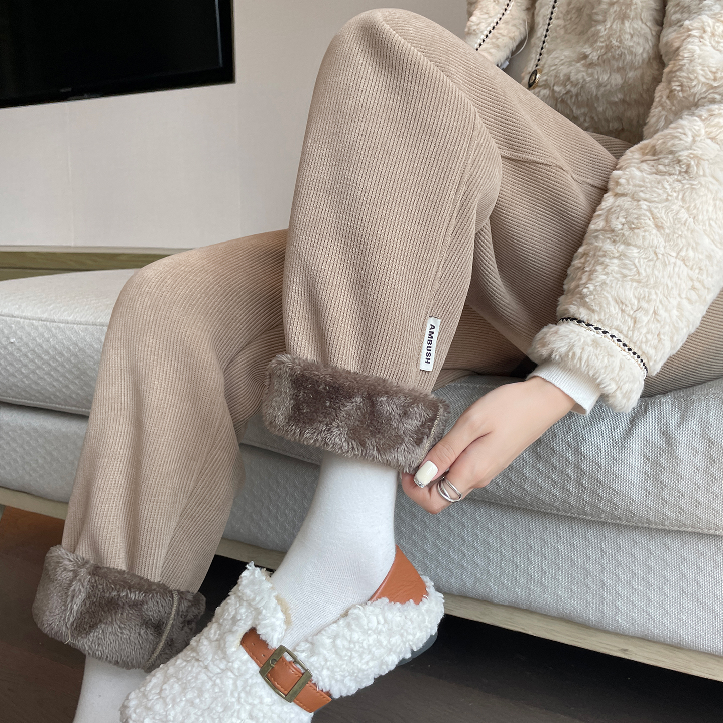 羊羔绒直筒裤女秋冬新款胖妹妹mm大码韩版潮加绒加厚灯芯绒棉裤子