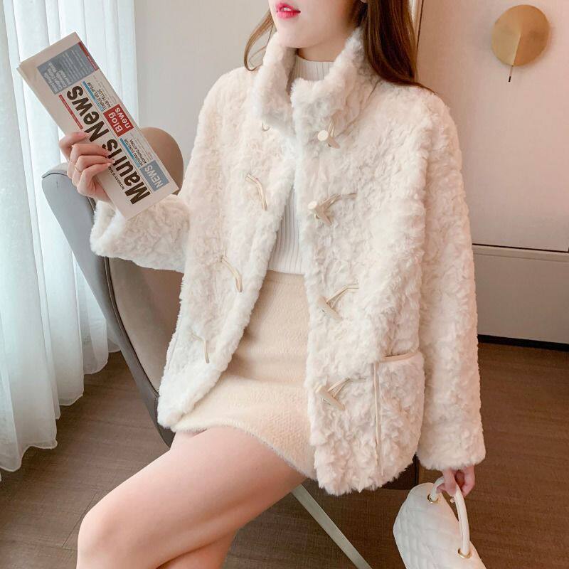 冬季羊羔绒外套立领短款小个子牛角扣大衣女士加厚法式仿水貂绒