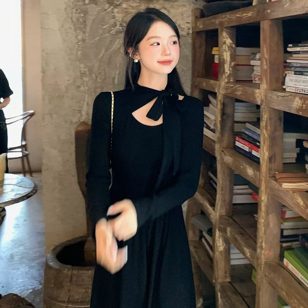 切糕小个子女冬装气质黑色裙子长裙好看新款长袖高级连衣裙女装裙