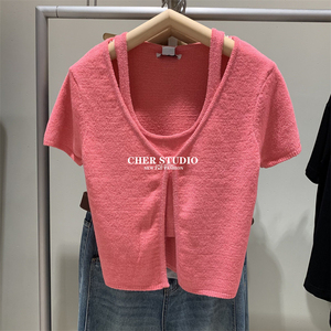 WIS&UR女装2023秋季美式辣妹风假两件挂脖正肩针织T恤衫UWV930011