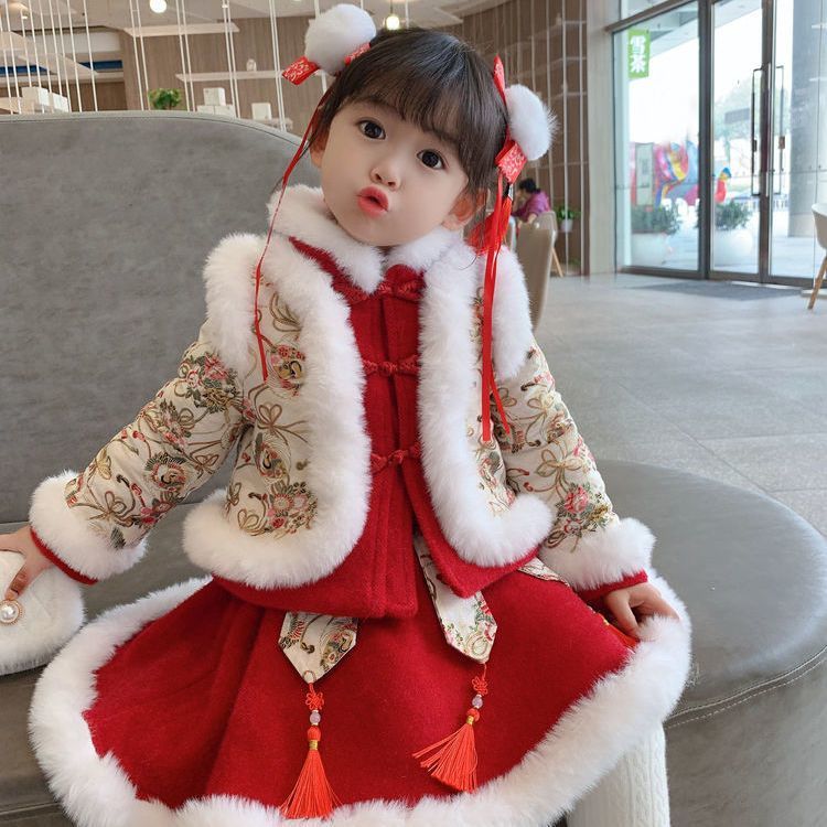 汉服女童拜年服冬装新年衣服儿童中国风童装加绒唐装小童过年宝宝