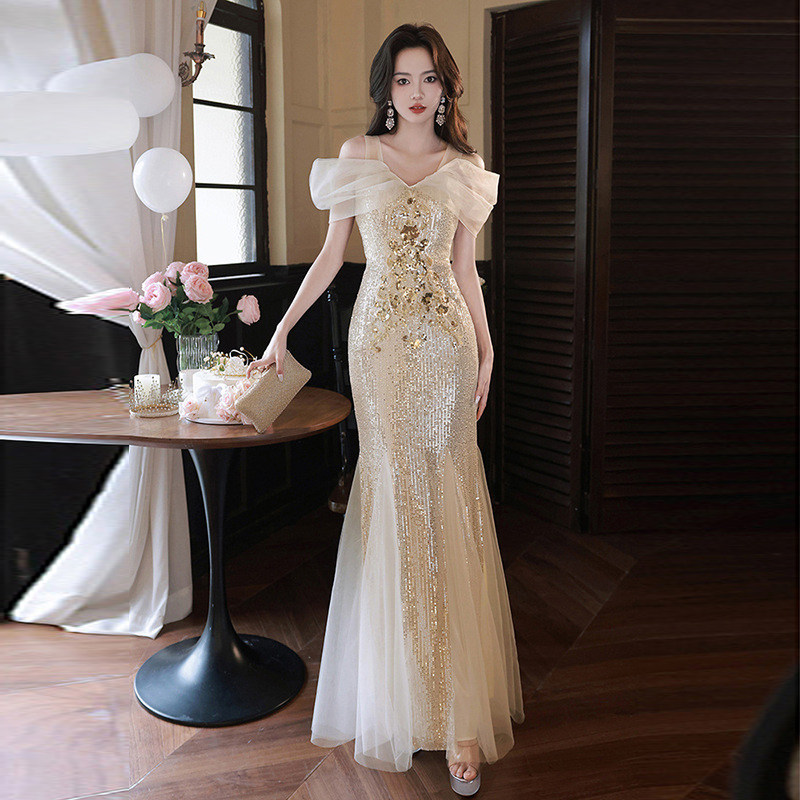 晚礼服女轻奢小众高端宴会主持成人礼气质鱼尾裙一字肩亮片连衣裙