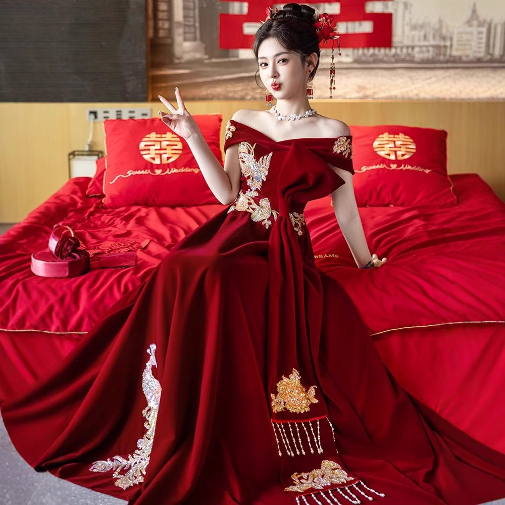 敬酒服新娘晚礼服女新中式酒红色订婚礼服小个子高端大气结婚礼服