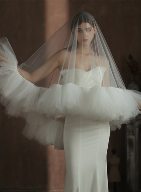 白色双层荷叶边新娘头纱遮面蓬蓬纱影楼旅拍高级配饰外景样片头纱