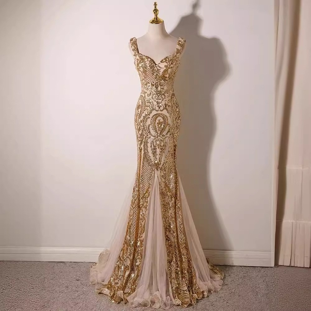 金色晚礼服女时尚高级感宴会礼服气质名媛公主风亮闪鱼尾裙年会裙