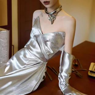 新娘敬酒服订婚连衣裙成人礼生日战袍银色缎面礼服年会派对晚礼服