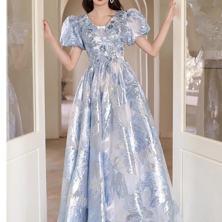 高级蓝色晚礼服裙女法式在逃公主