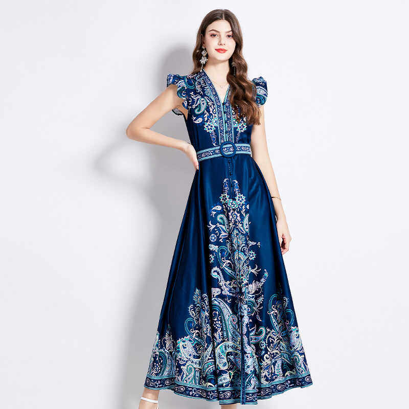 高级感小飞袖复古民族风印花连衣裙女夏季新款裙子夏装一整套长裙