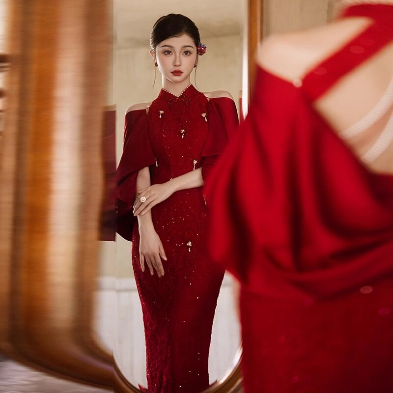 新中式改良旗袍修身敬酒订婚礼服