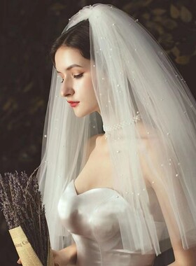 多层蓬松简约头纱森系钉珠新娘婚纱头饰领证拍照洛可可风珍珠饰品