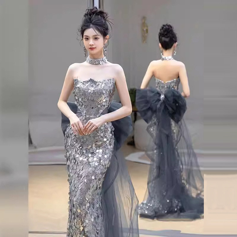 银色重工晚礼服女高端宴会轻奢气质名媛订婚亮片鱼尾裙敬酒服新娘