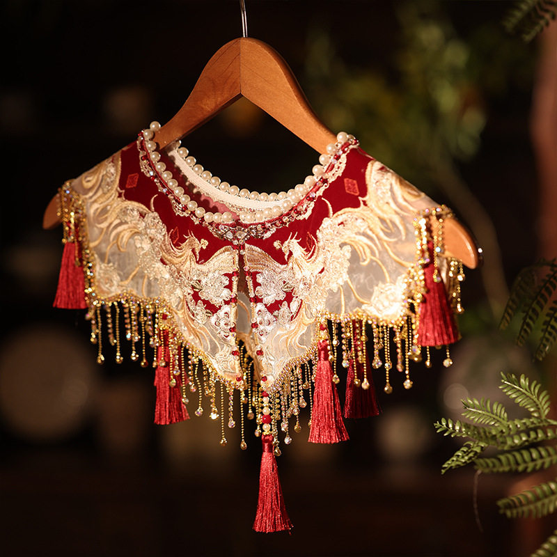 精美红色云肩2025新款重工敬酒服披肩古装马面裙配饰旗袍水晶流苏