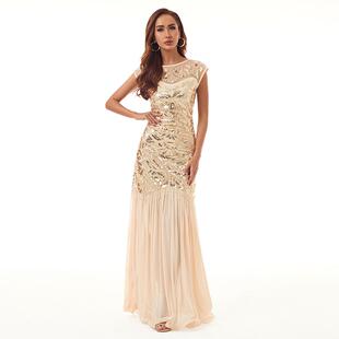 香槟色复古晚礼服酒会裙子舞会年会亮片刺绣圣诞节礼服万圣节服装