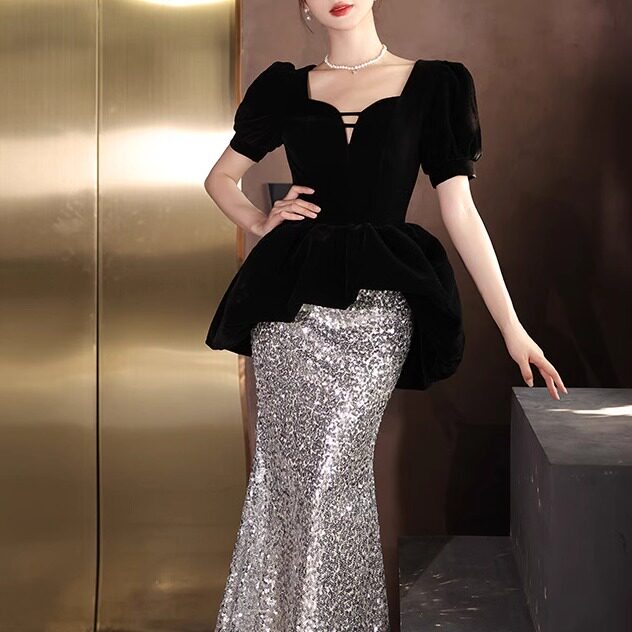 黑色晚礼服裙女宴会轻奢小众成人礼主持人法式鱼尾气质长款晚礼服