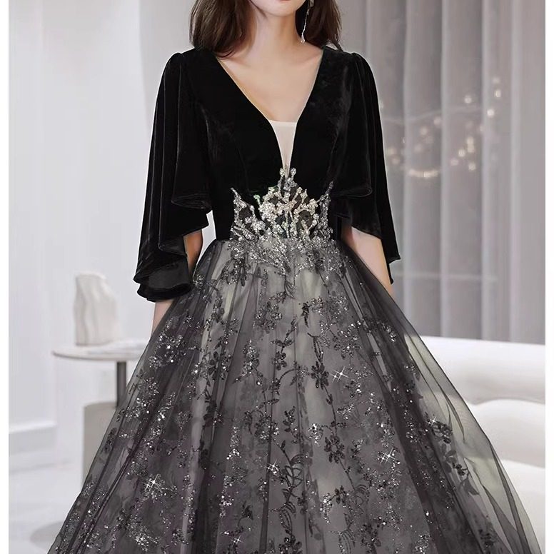 黑色小个子晚礼服裙女高级宴会气质优雅年会主持人礼服艺考礼服裙