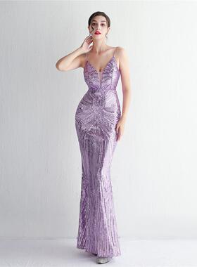 紫色亮片晚礼服女名媛聚会车模走秀主持人定位花吊带晚会鱼尾礼服