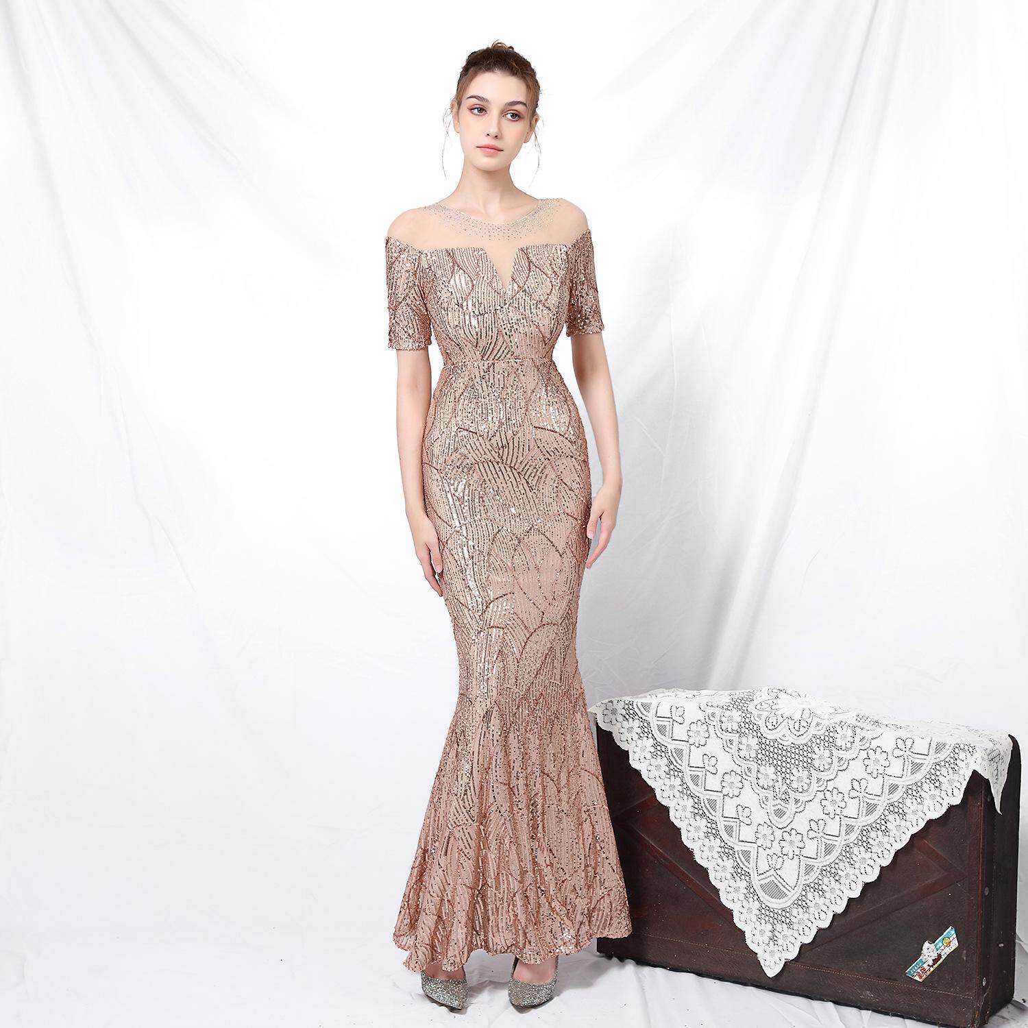 香槟金晚礼服女气场女王新款鱼尾裙重工主持人奢华高级质感礼服裙