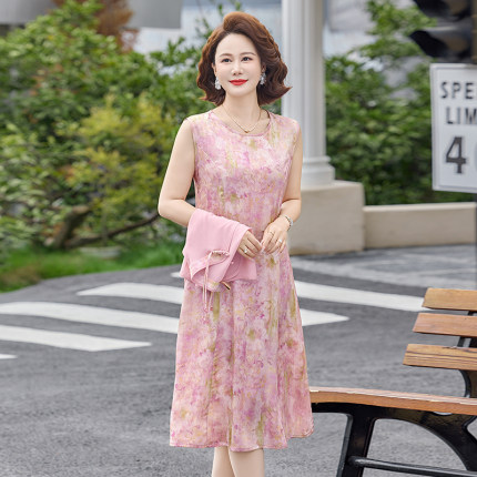 妈妈装夏季新款女连衣裙子洋气显瘦国风中老年女假两件过膝长裙子