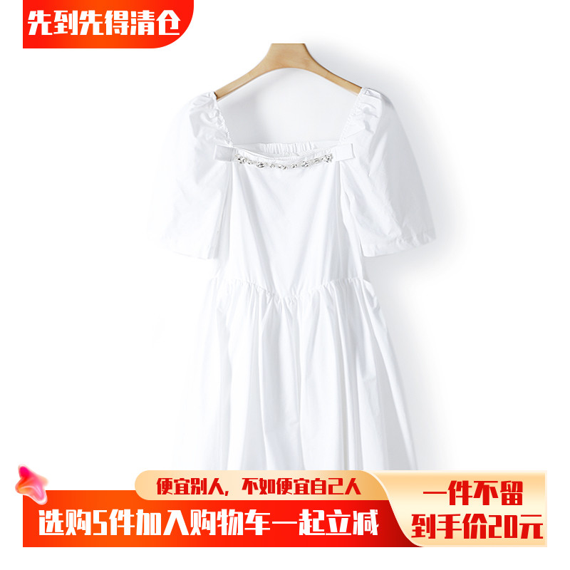 【100元5件】【M】纯棉装饰方领破洞连衣裙图夏季女品牌折扣100